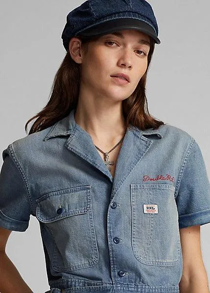 Double RL - Logo-Embroidered Denim Workshirt Medium Wash Red