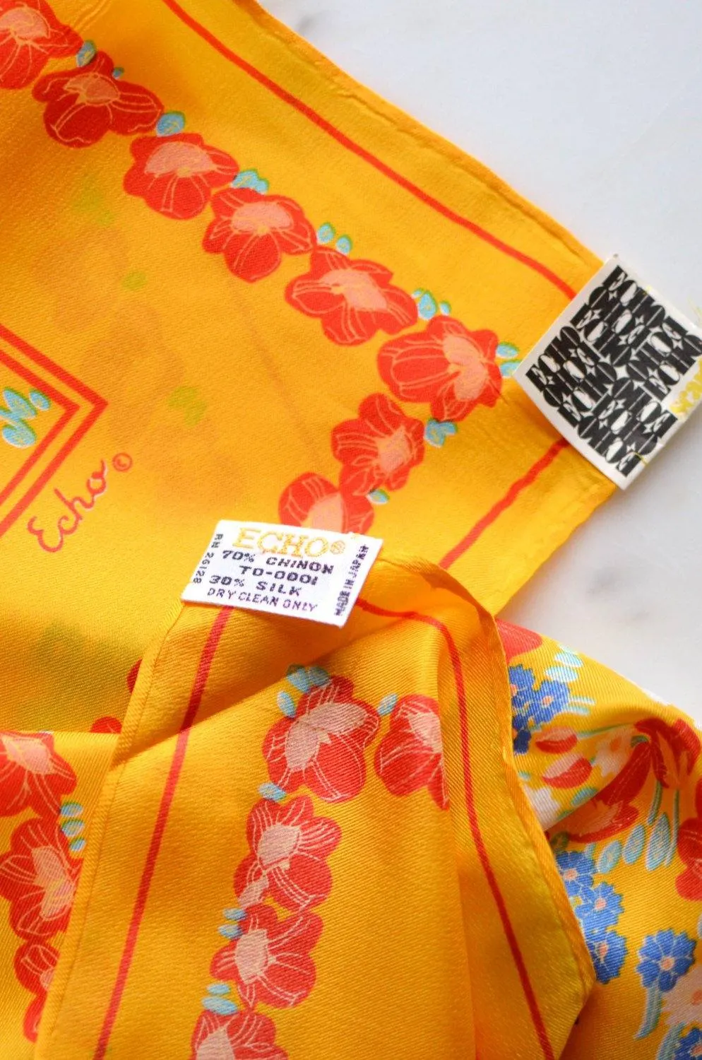 Echo Chinon Silk Scarf, Colorful, Bright, Yellow, Red, White, Square Shape, 1960s