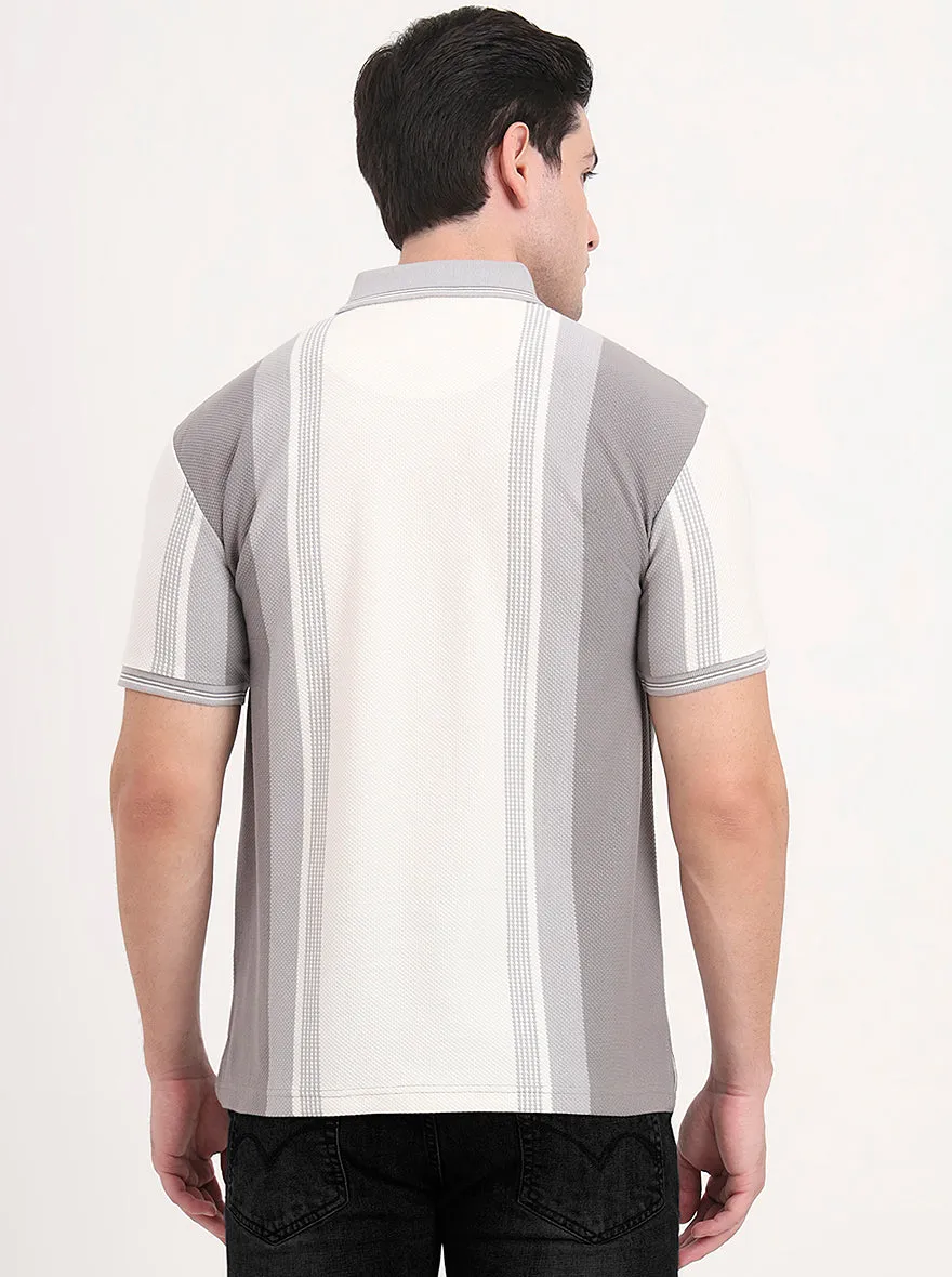 Ecru Melange & Grey Striped Slim Fit Polo T-Shirt | JadeBlue