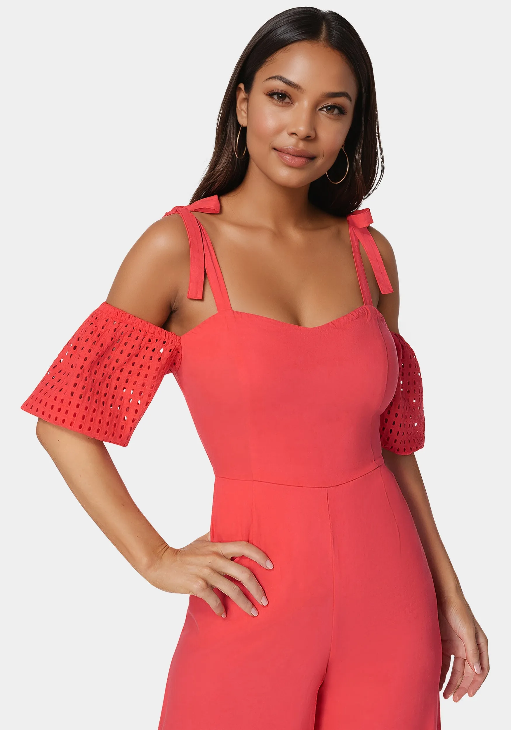 Embroidered Cotton Puff Sleeve Full Wide Leg Jumpsuit