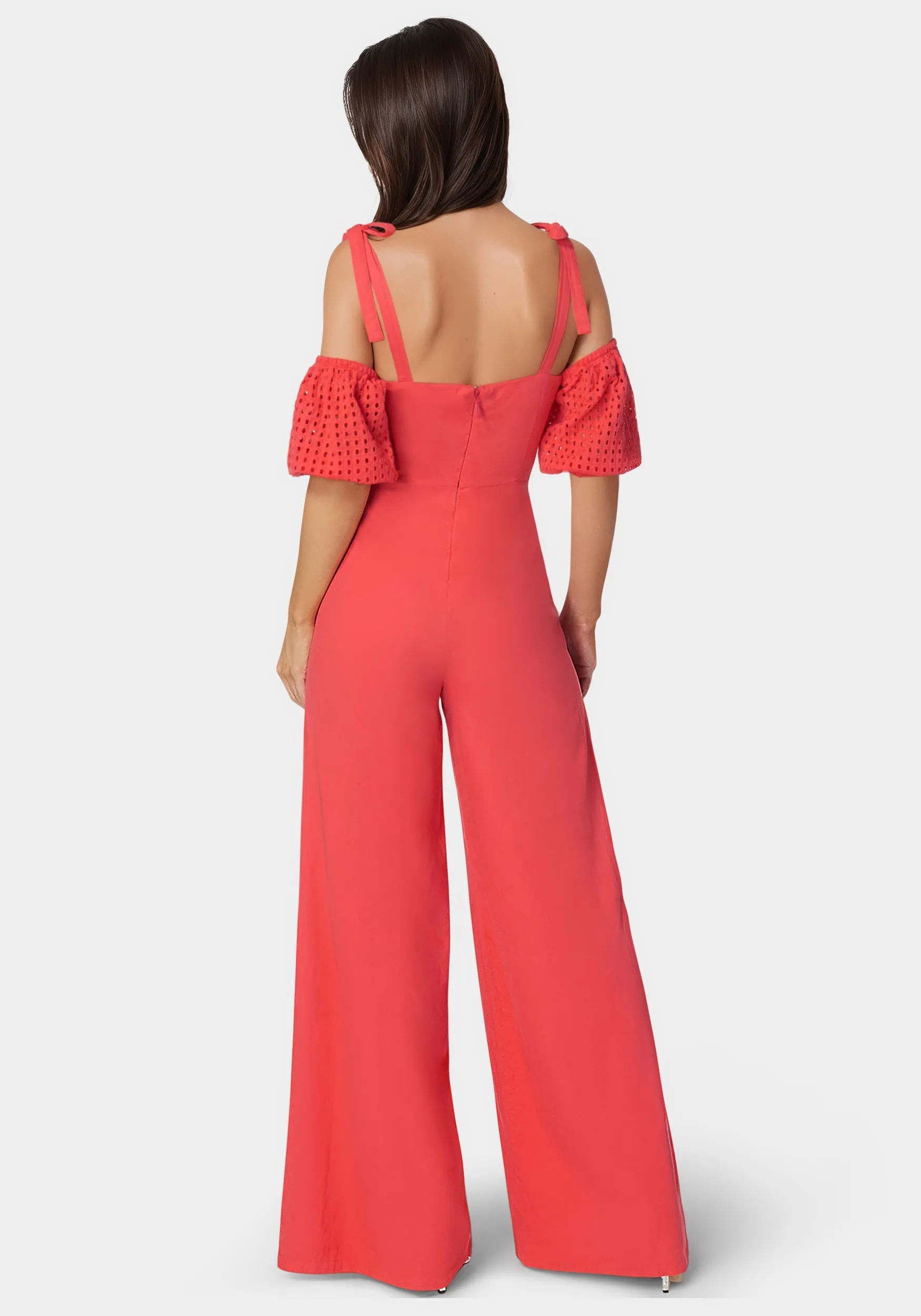 Embroidered Cotton Puff Sleeve Full Wide Leg Jumpsuit