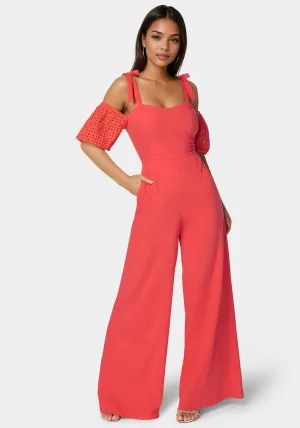 Embroidered Cotton Puff Sleeve Full Wide Leg Jumpsuit