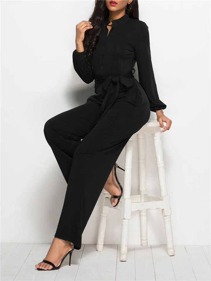 Fashion Minimalist Solid Color Long Sleeve Lace-up Waist Jumpsuits