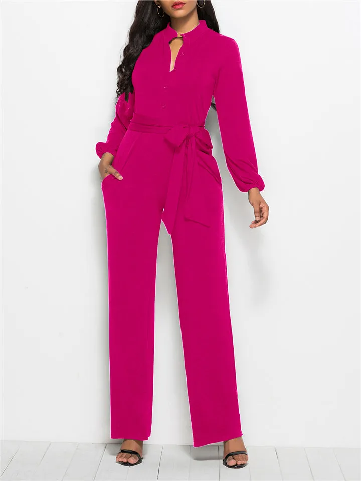 Fashion Minimalist Solid Color Long Sleeve Lace-up Waist Jumpsuits