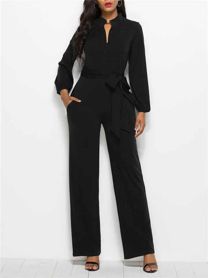 Fashion Minimalist Solid Color Long Sleeve Lace-up Waist Jumpsuits