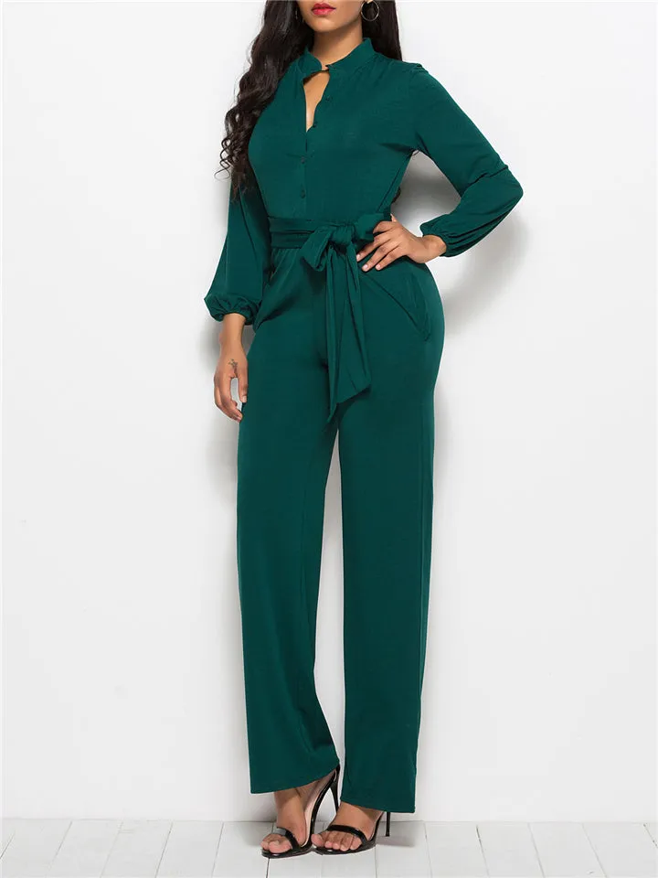 Fashion Minimalist Solid Color Long Sleeve Lace-up Waist Jumpsuits
