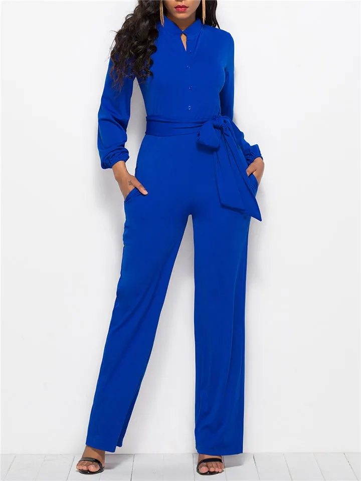 Fashion Minimalist Solid Color Long Sleeve Lace-up Waist Jumpsuits