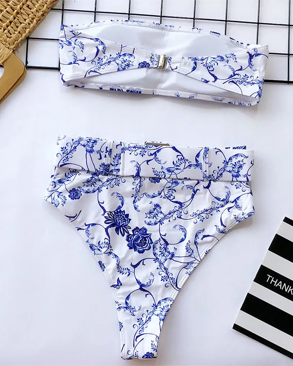 Floral Bandeau High Waisted Bikini Sets