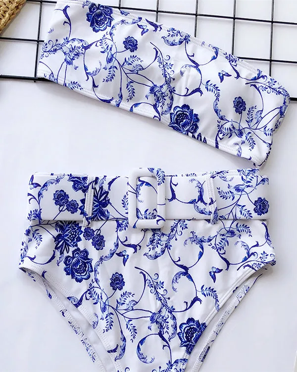 Floral Bandeau High Waisted Bikini Sets