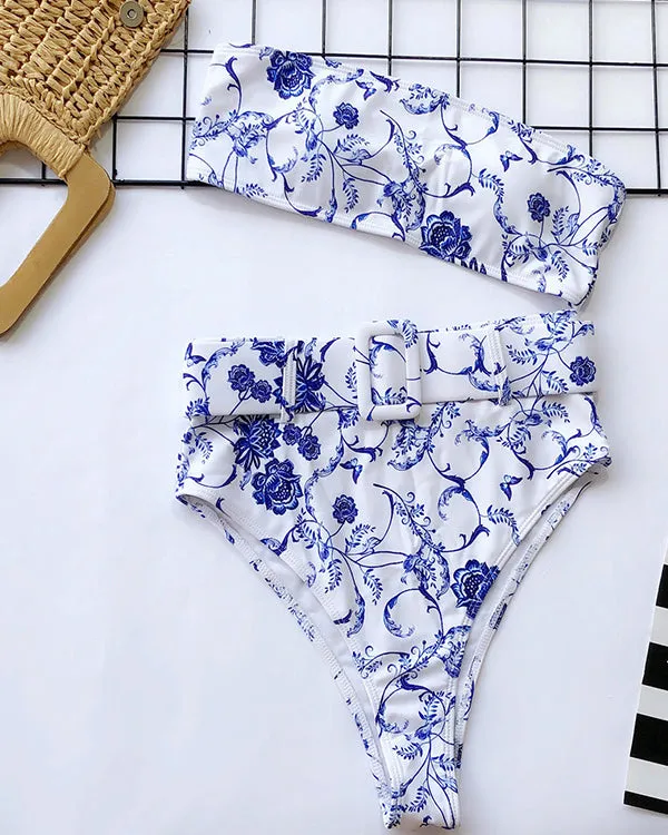 Floral Bandeau High Waisted Bikini Sets