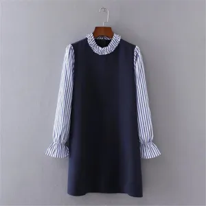 GCAROL Women New Striped Sleeve Spliced Dress Standard Collar Fake Two Pieces Dress Vintage Retro Spring Autumn Winter Dress