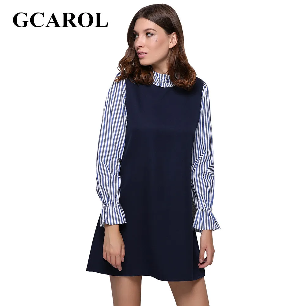 GCAROL Women New Striped Sleeve Spliced Dress Standard Collar Fake Two Pieces Dress Vintage Retro Spring Autumn Winter Dress