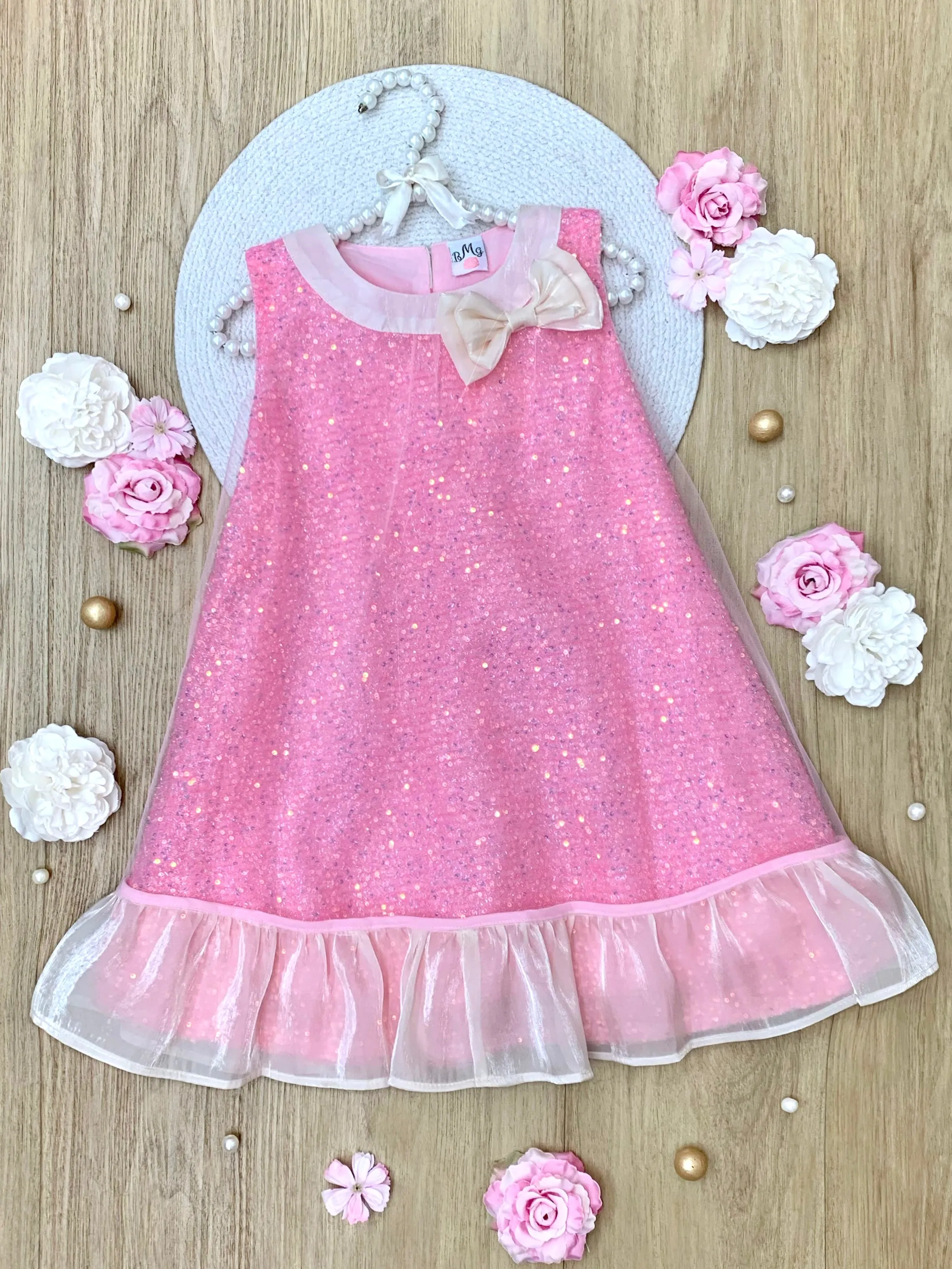 Glittery Pink Bow Sequin Ruffle Dress