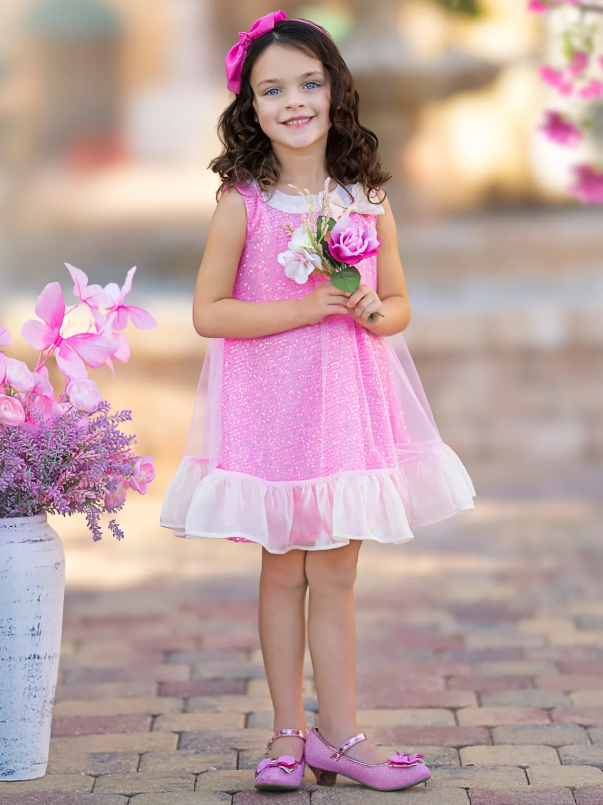 Glittery Pink Bow Sequin Ruffle Dress