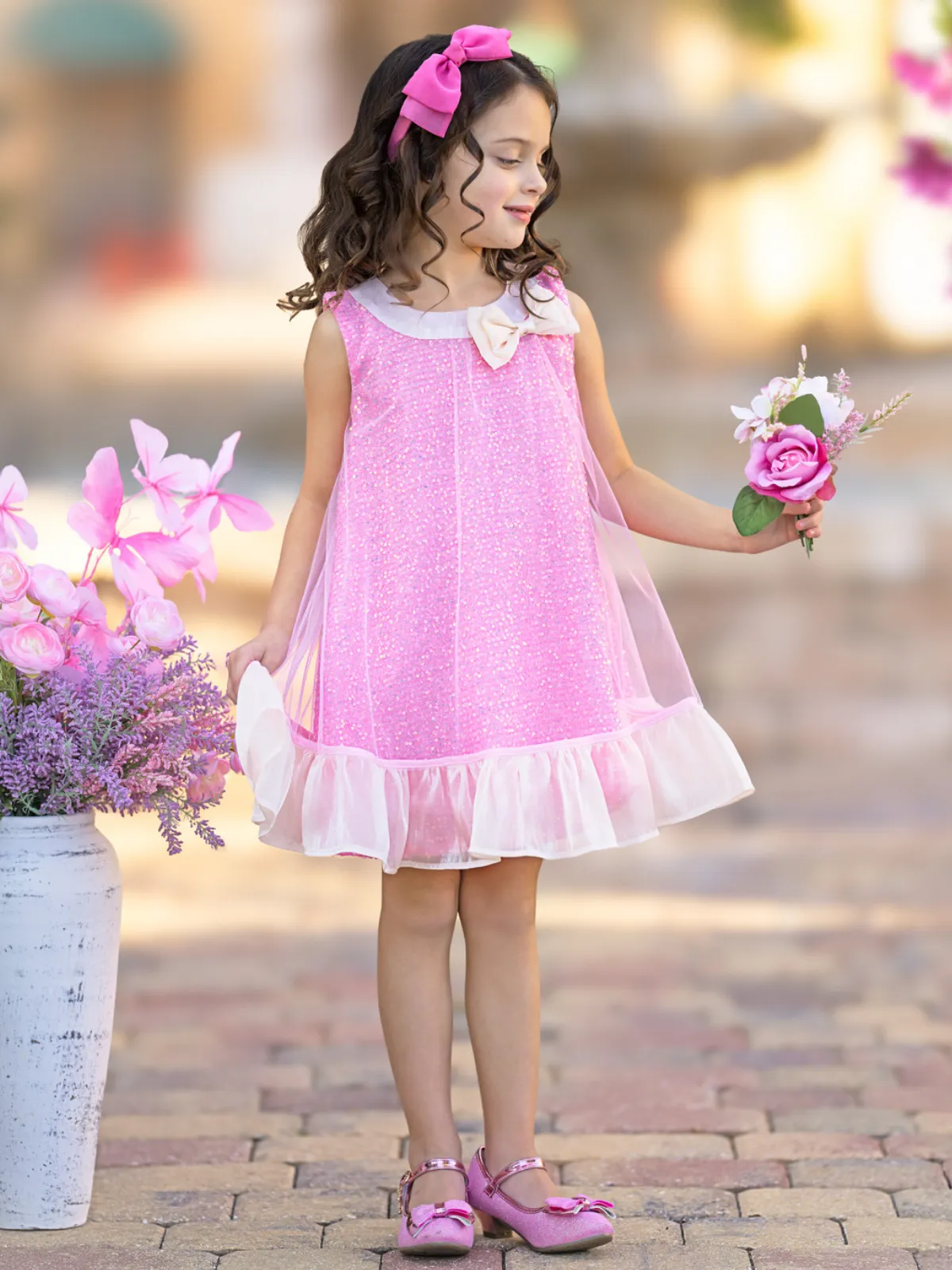 Glittery Pink Bow Sequin Ruffle Dress