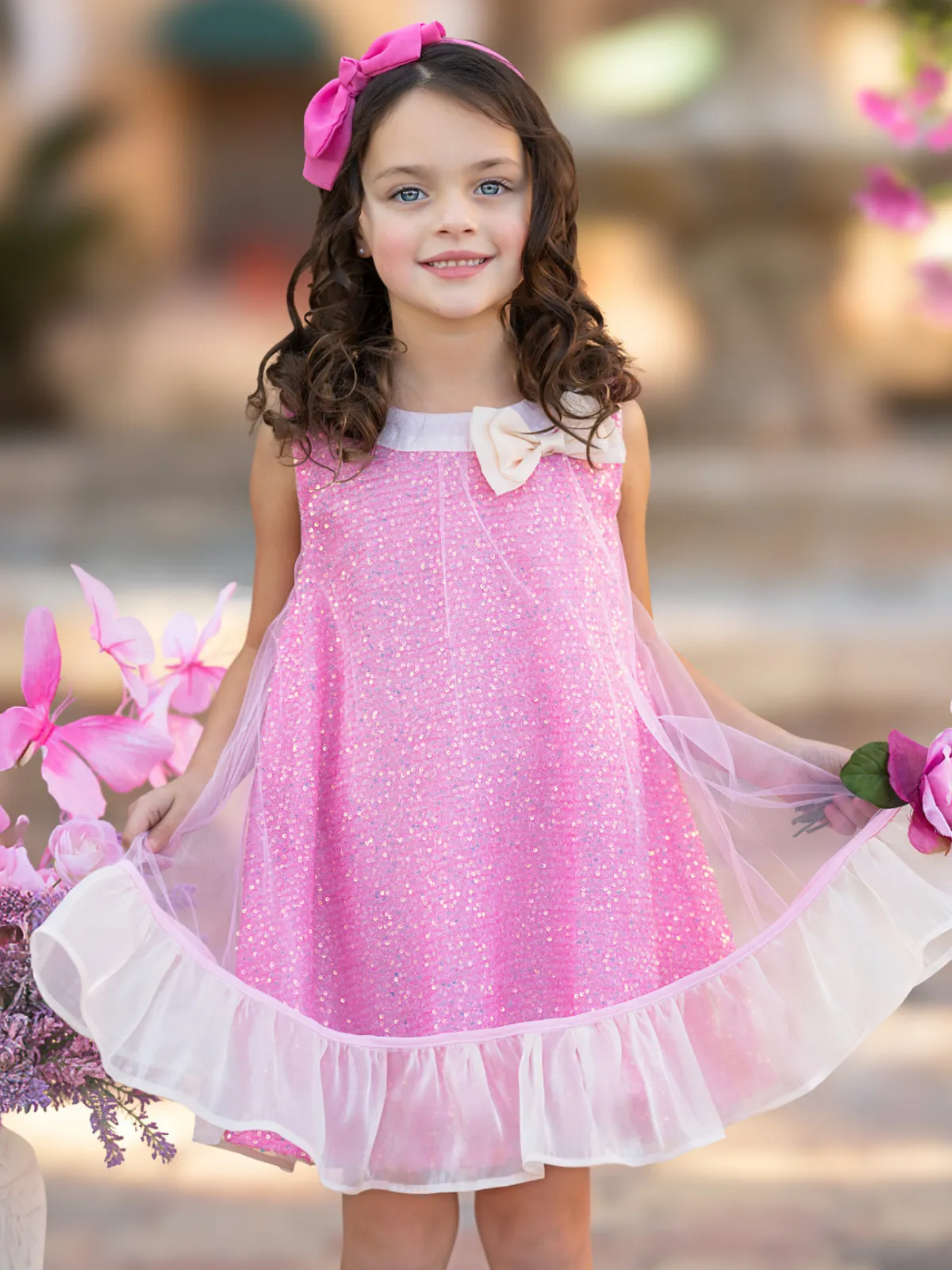 Glittery Pink Bow Sequin Ruffle Dress