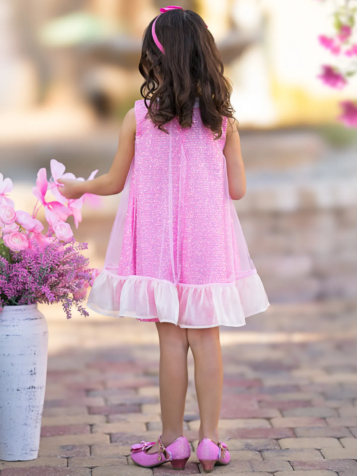 Glittery Pink Bow Sequin Ruffle Dress
