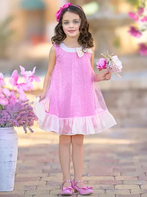 Glittery Pink Bow Sequin Ruffle Dress