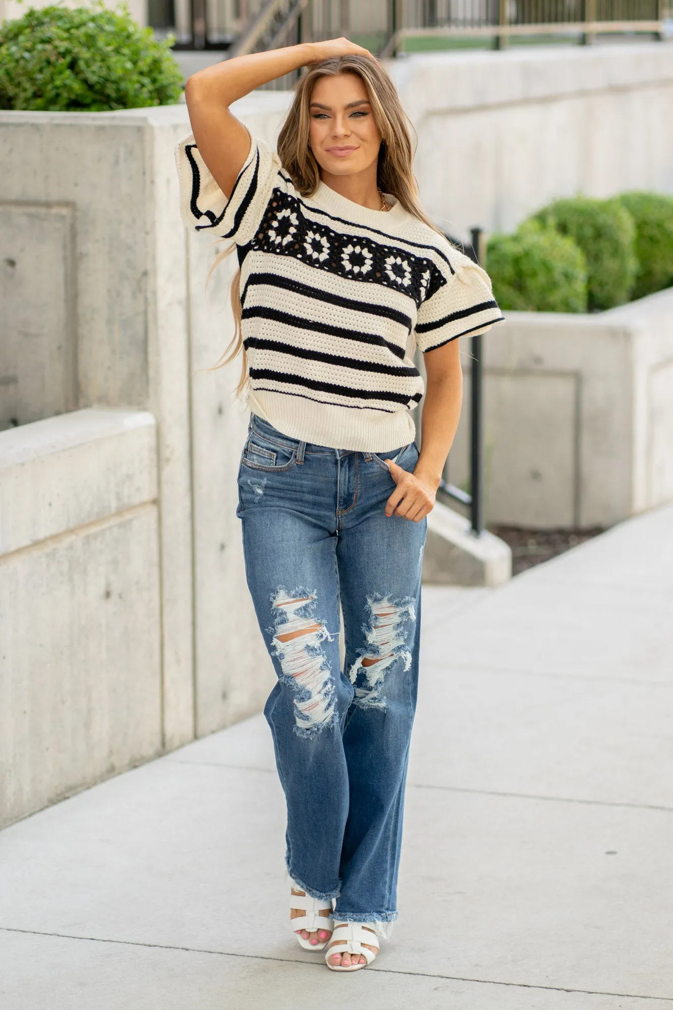 Granny Square Short Sleeve Striped Sweater