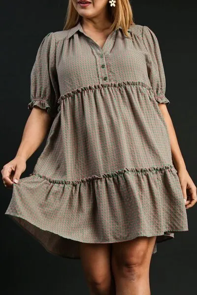 Green/Pink Plaid Frill Button Detail Ruffled Short Sleeve Dress