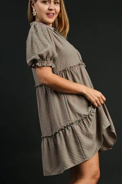 Green/Pink Plaid Frill Button Detail Ruffled Short Sleeve Dress