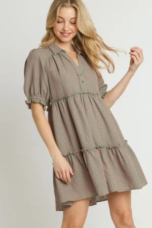 Green/Pink Plaid Frill Button Detail Ruffled Short Sleeve Dress