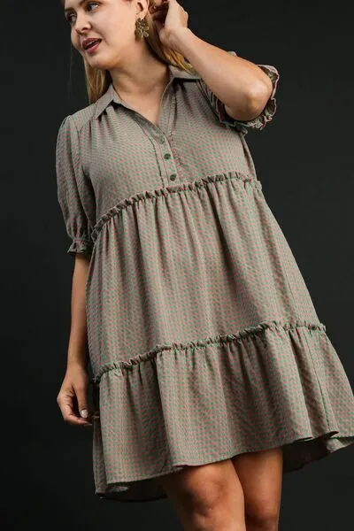 Green/Pink Plaid Frill Button Detail Ruffled Short Sleeve Dress