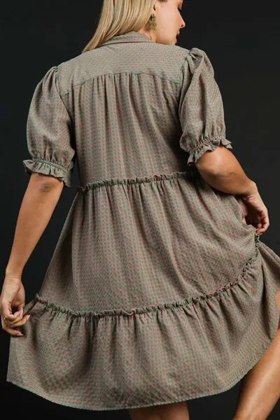 Green/Pink Plaid Frill Button Detail Ruffled Short Sleeve Dress