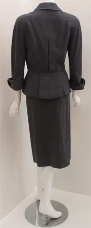 HATTIE CARNEGIE 1950s 2 pc Grey Wool Fitted Jacket Skirt Set