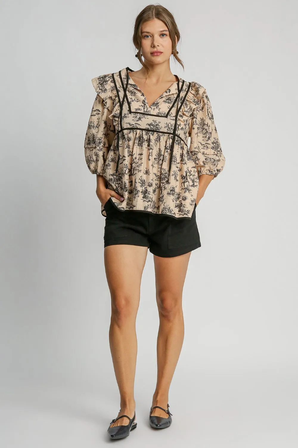 Hazel Blues® |  Umgee Ruffled Tie Neck Puff Sleeve Babydoll Blouse