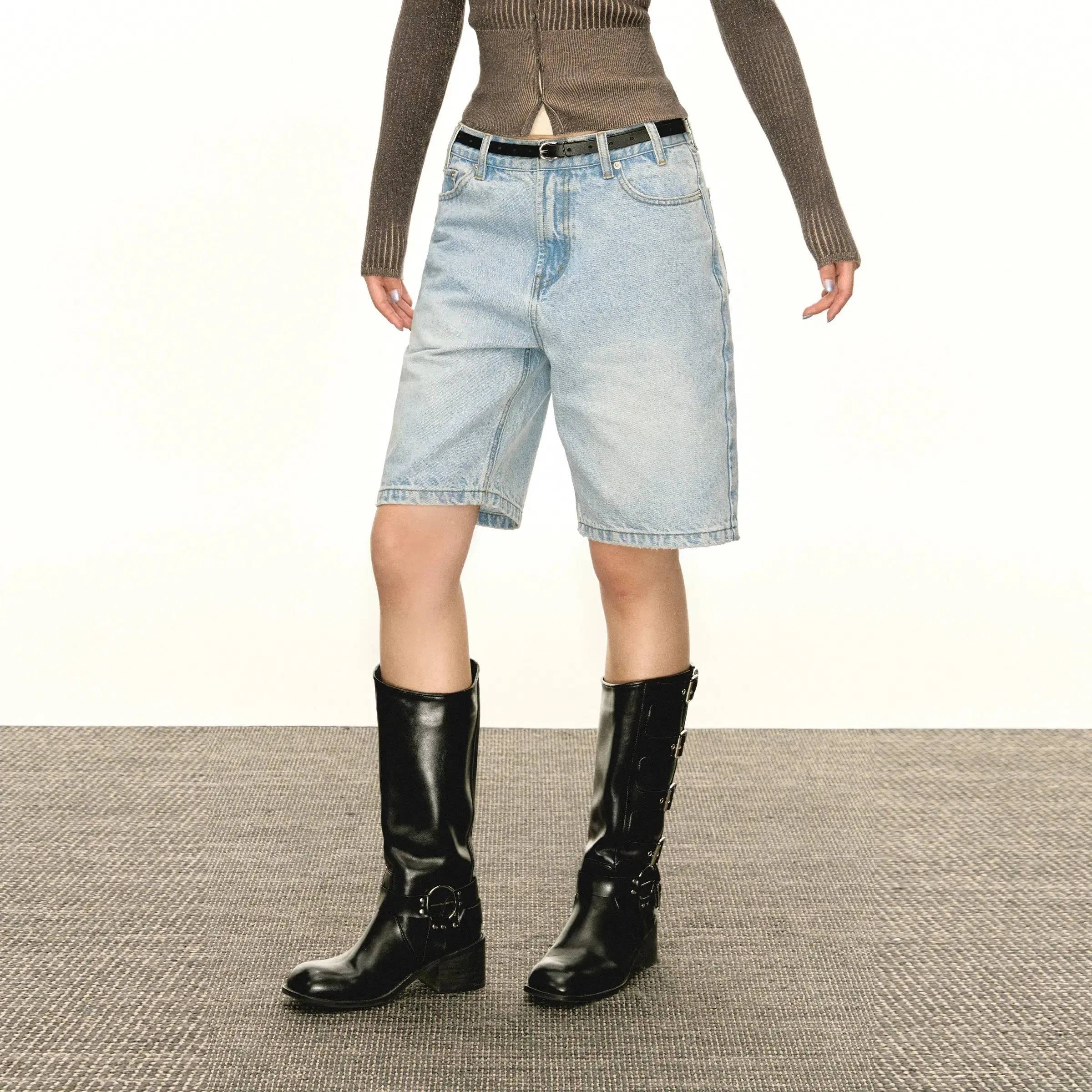 High-Waisted Denim Bermuda Shorts