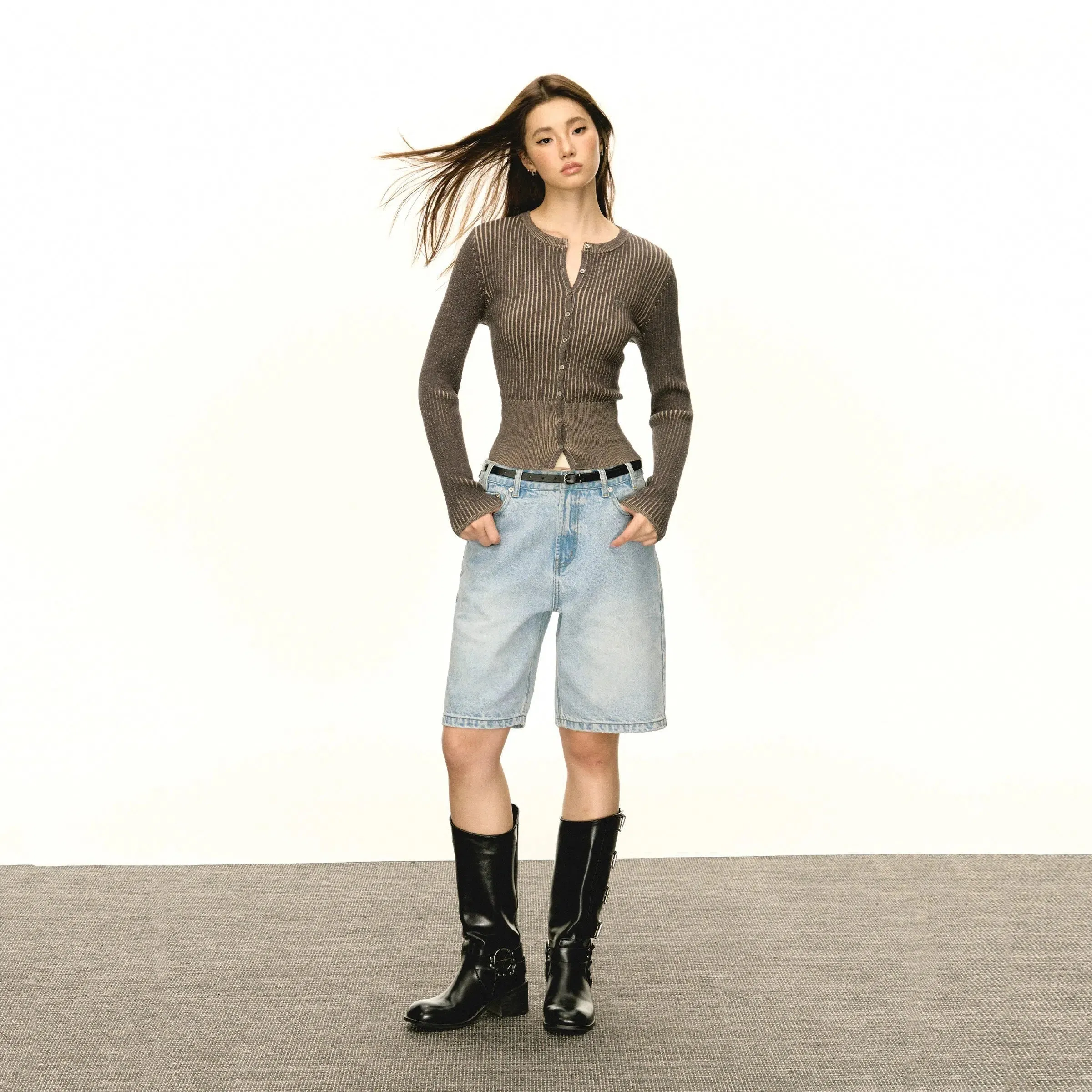 High-Waisted Denim Bermuda Shorts