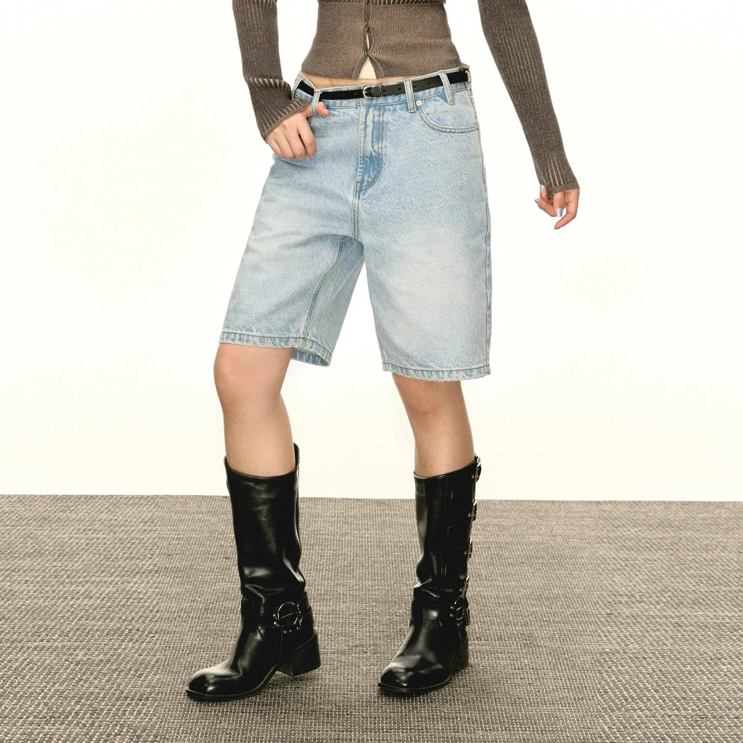 High-Waisted Denim Bermuda Shorts