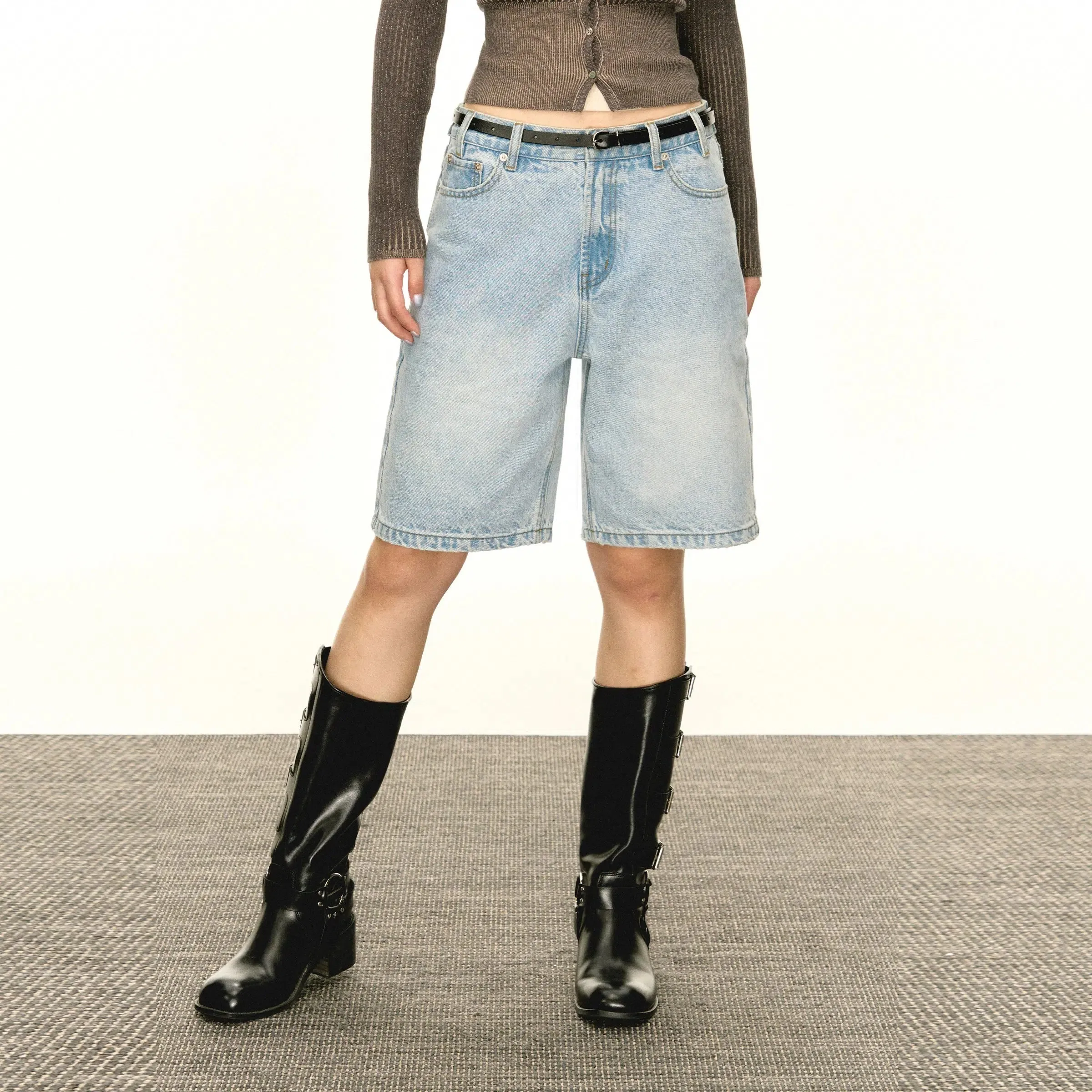 High-Waisted Denim Bermuda Shorts