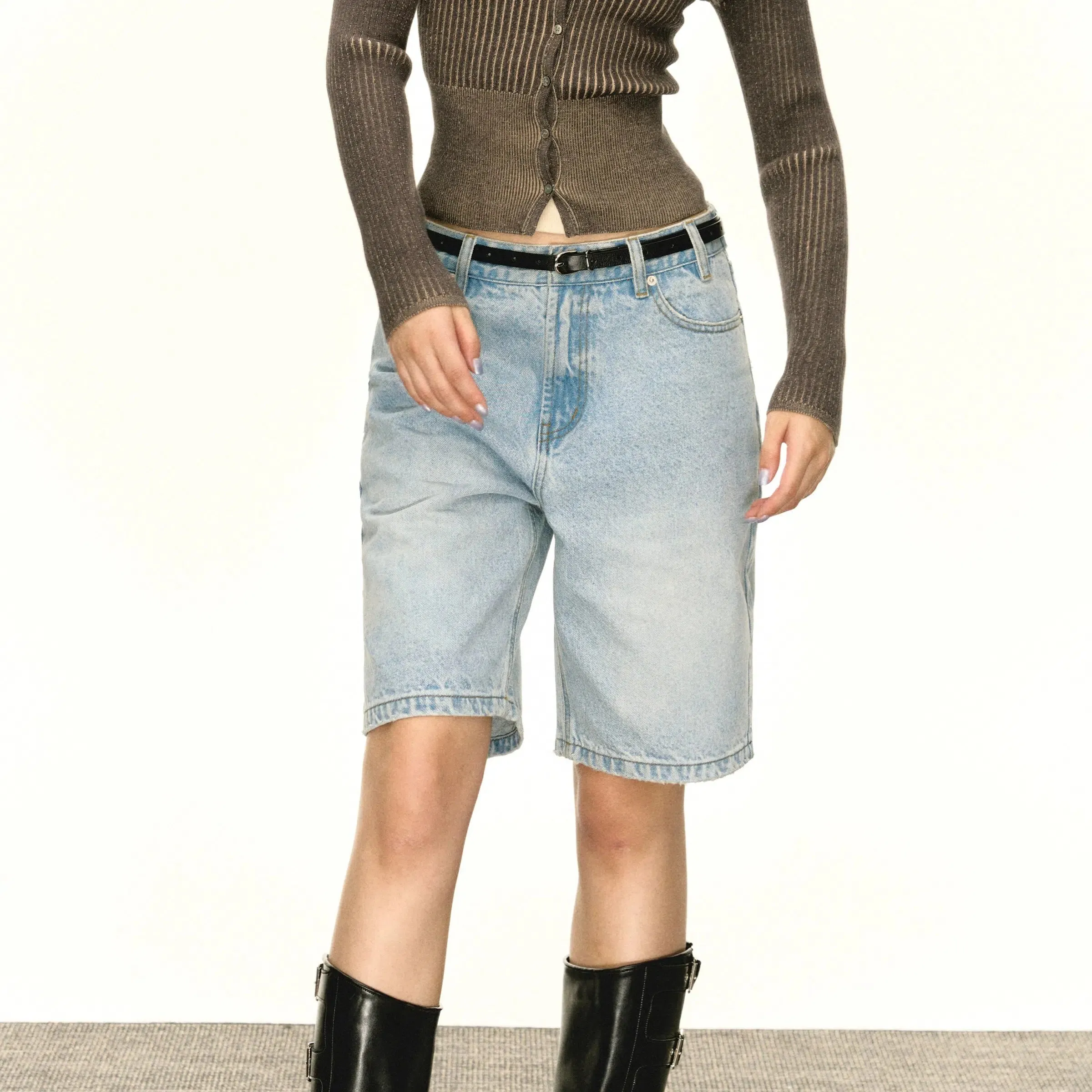 High-Waisted Denim Bermuda Shorts