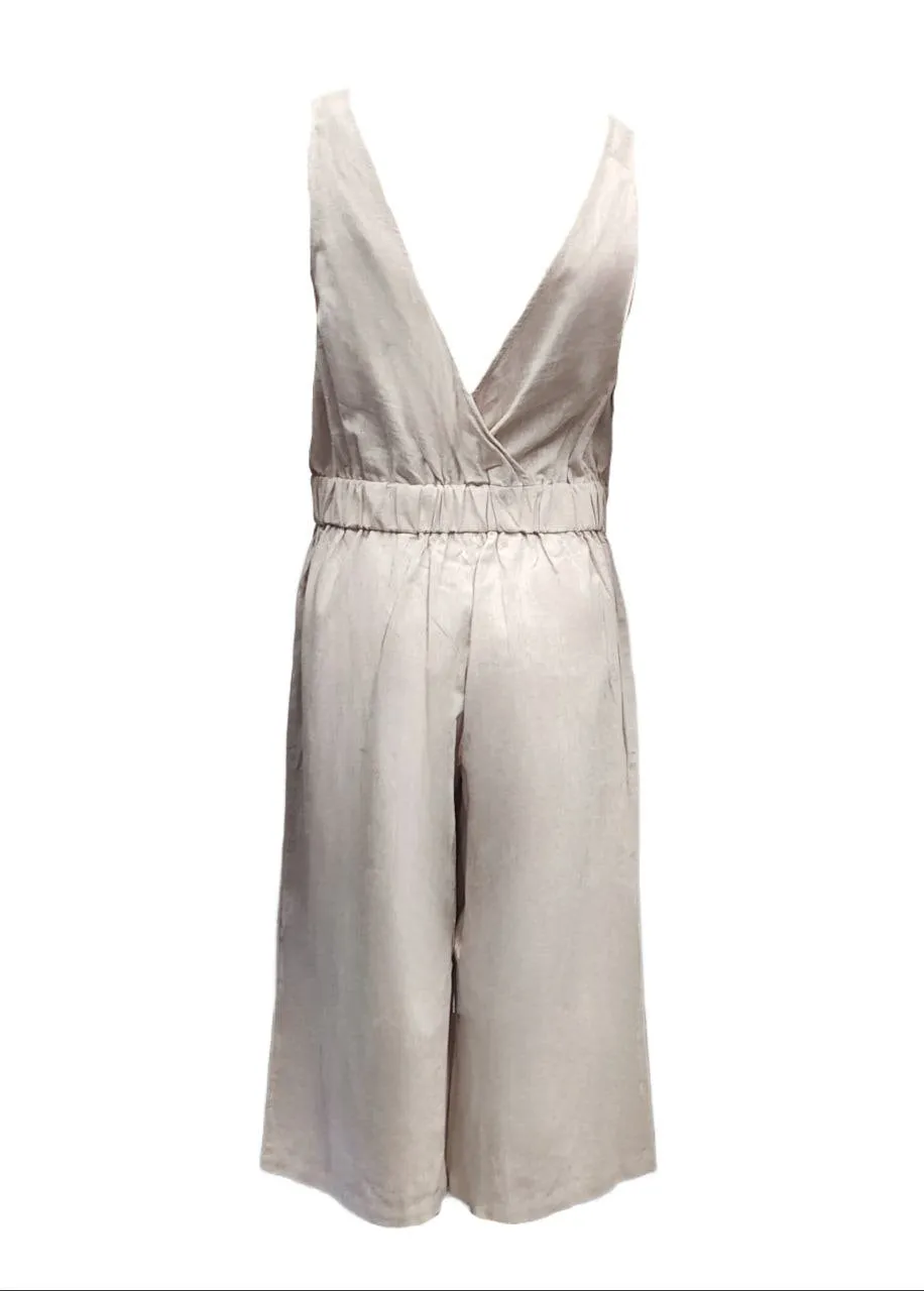 HoodLamb Women's Khaki Sleeveless Deep V Back Hemp Jumpsuit NWT