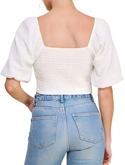 Jacquard Cropped Puff Sleeve Knit Top