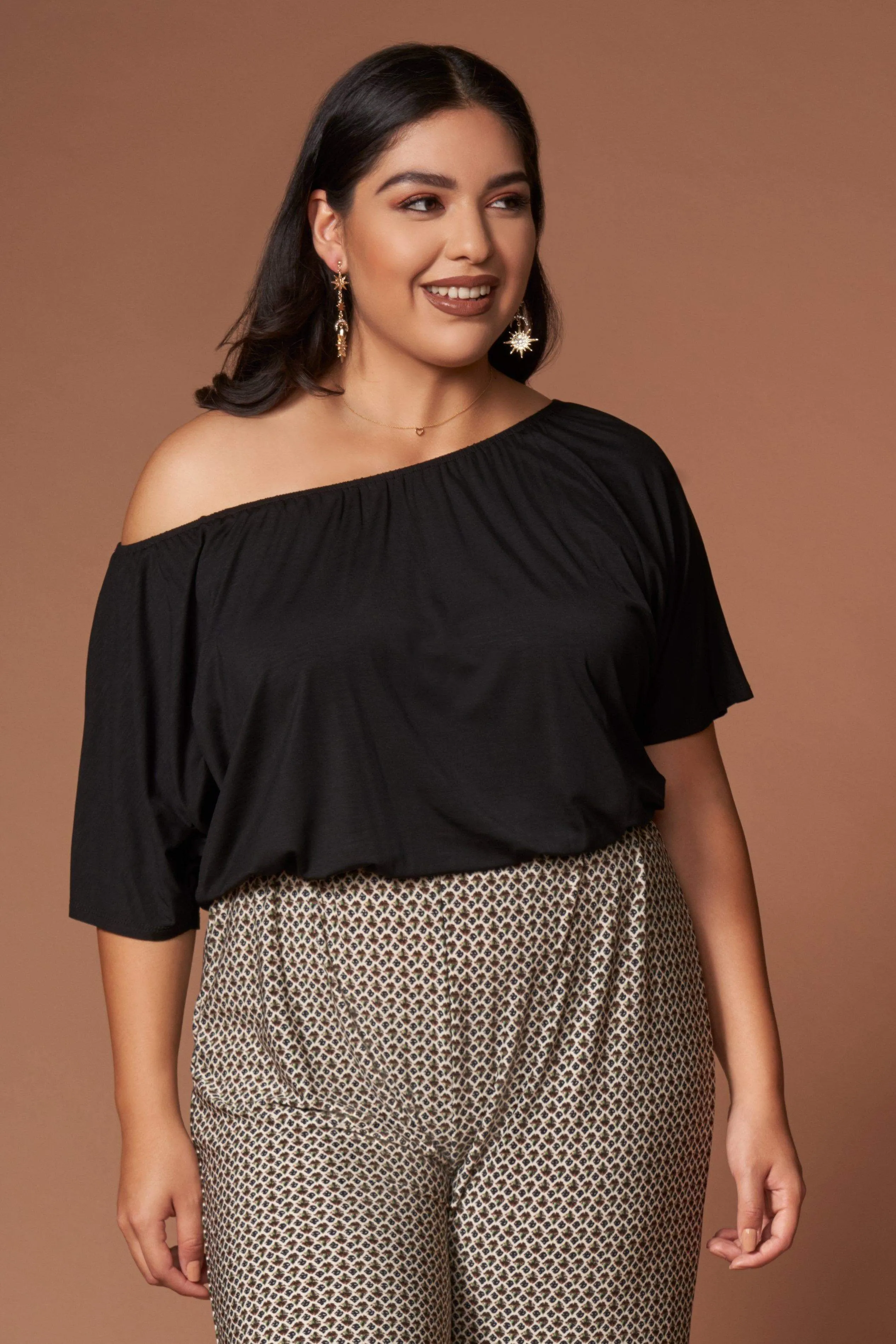 Kellie Black and Brown Print Off-the-Shoulder Jumpsuit