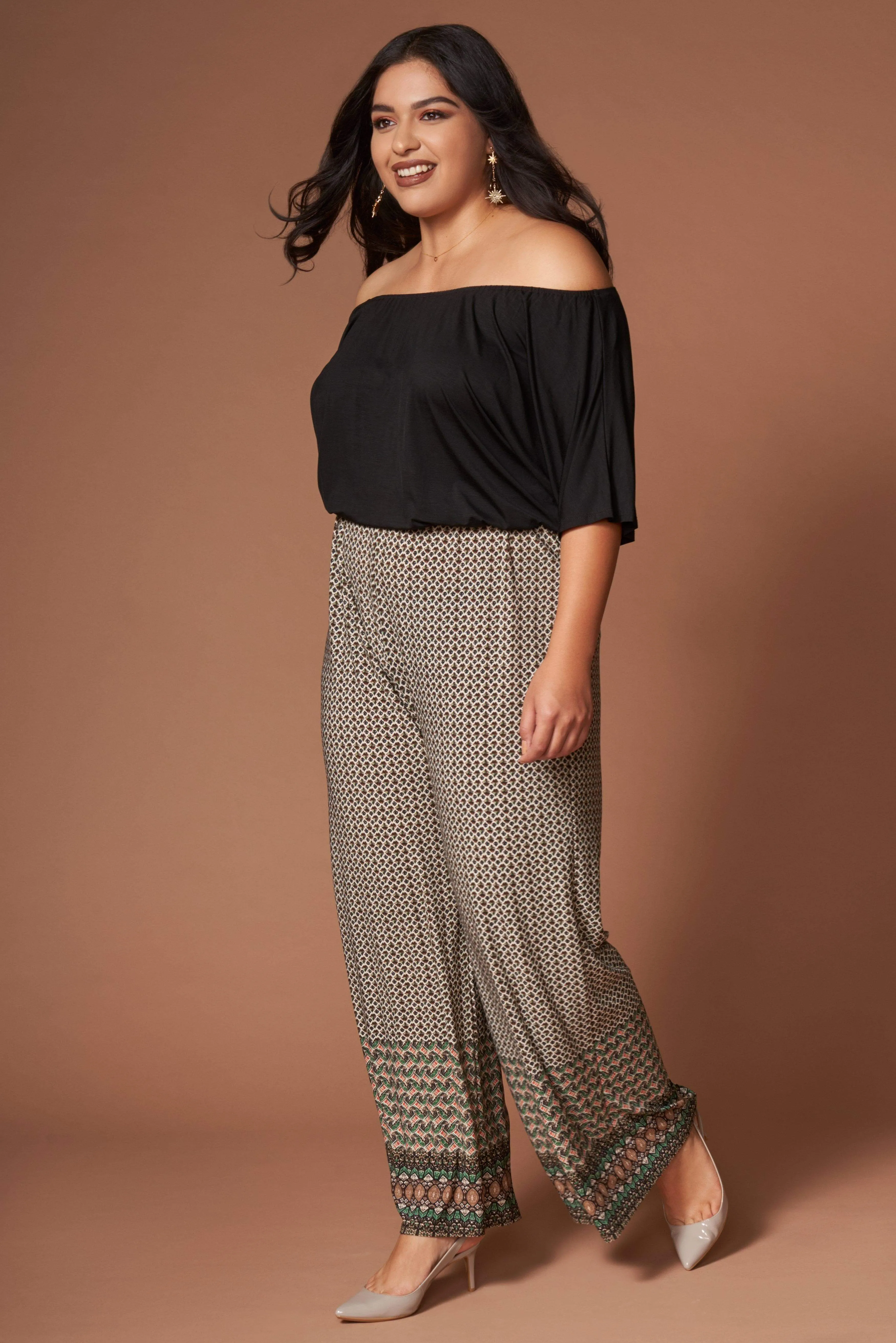 Kellie Black and Brown Print Off-the-Shoulder Jumpsuit