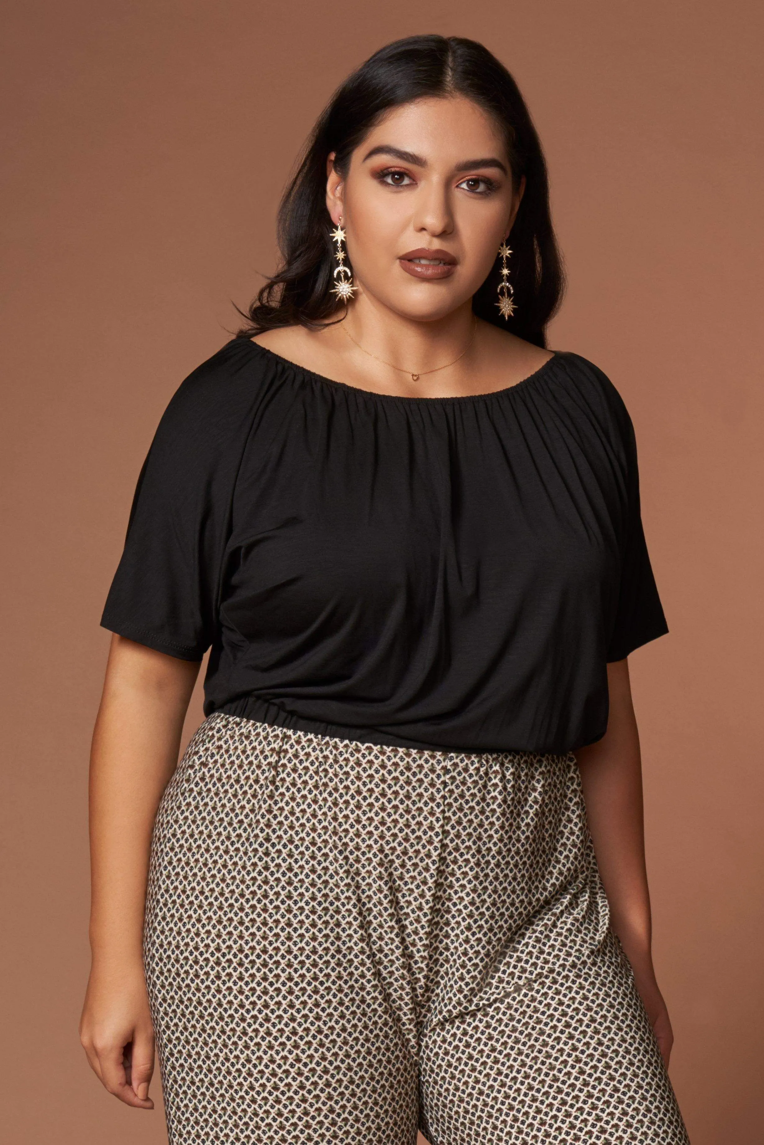 Kellie Black and Brown Print Off-the-Shoulder Jumpsuit