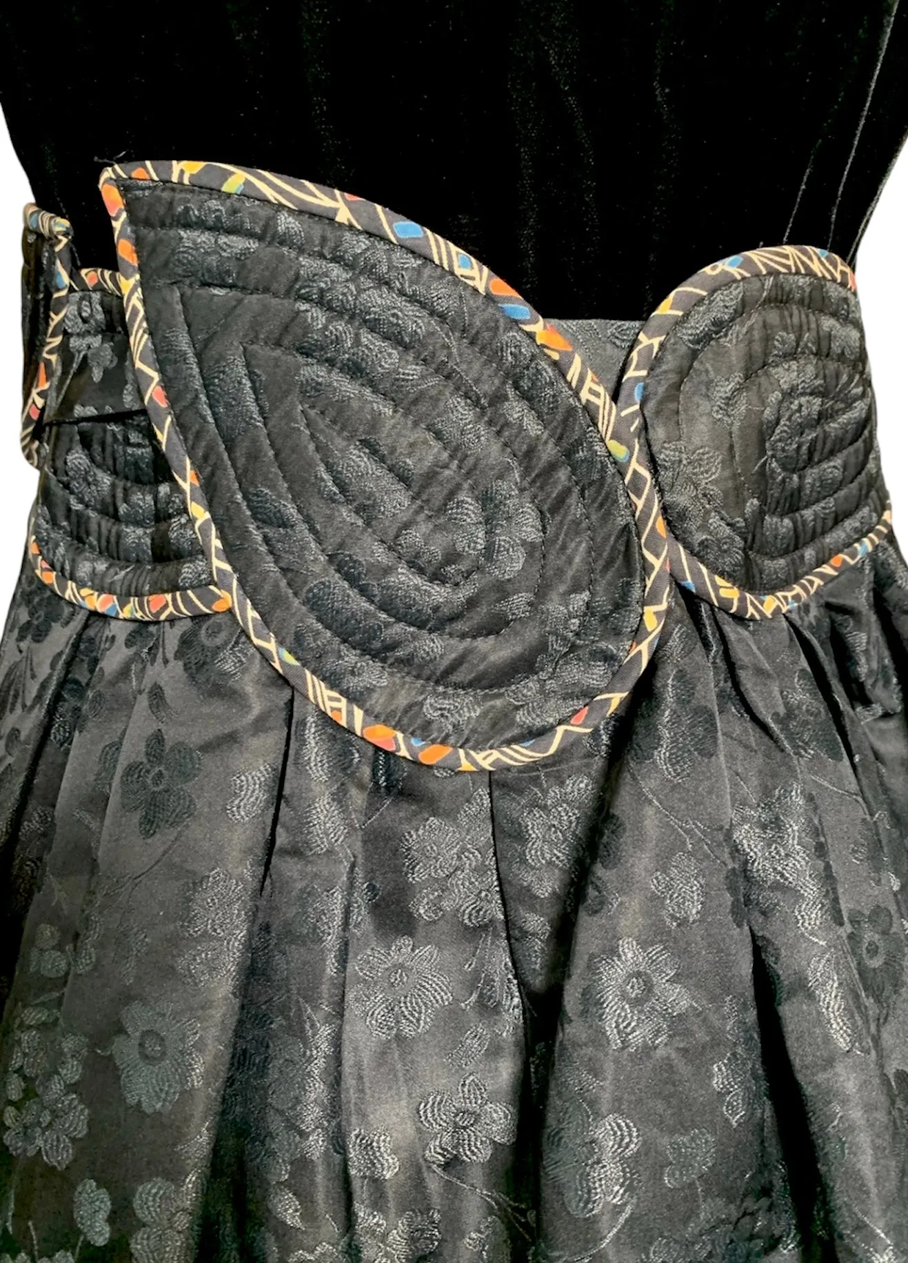 Koos 1980's Black Velvet & Quilted Taffeta Wrap Dress