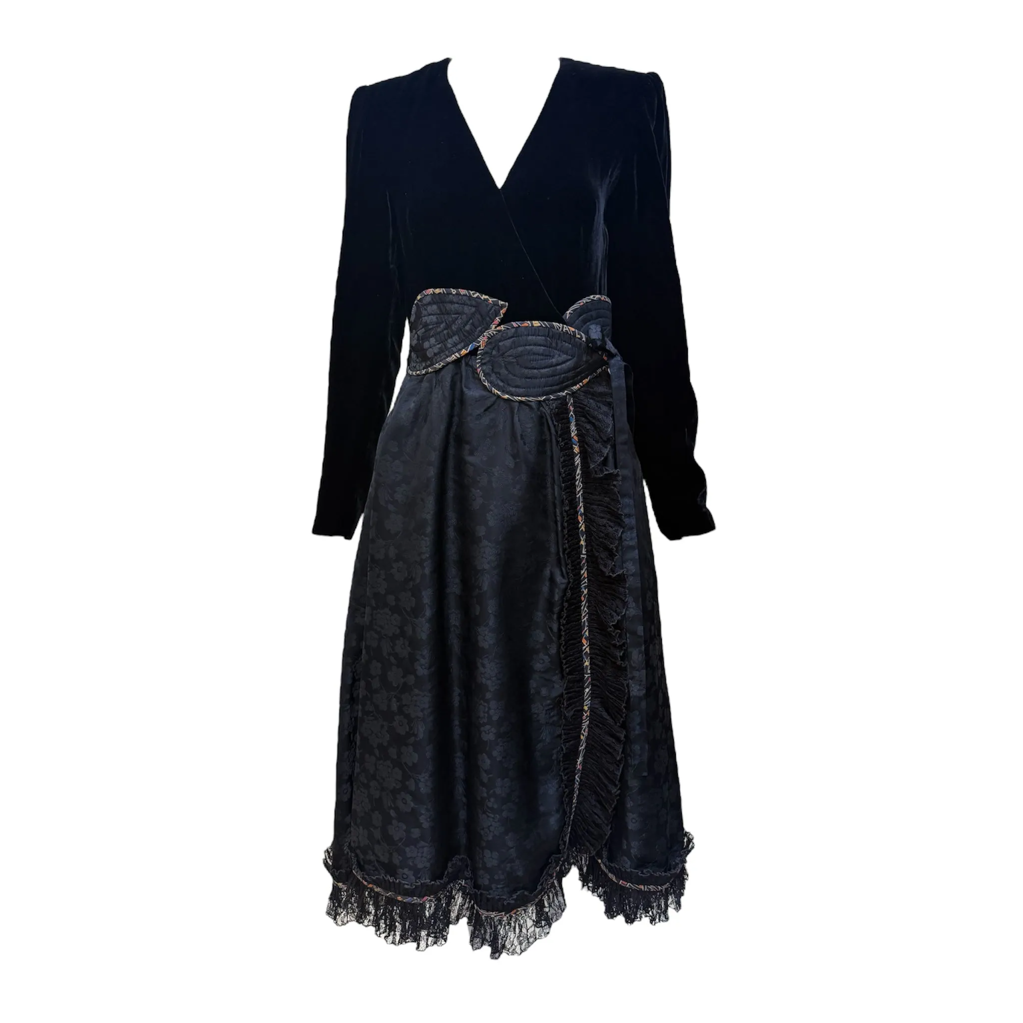 Koos 1980's Black Velvet & Quilted Taffeta Wrap Dress