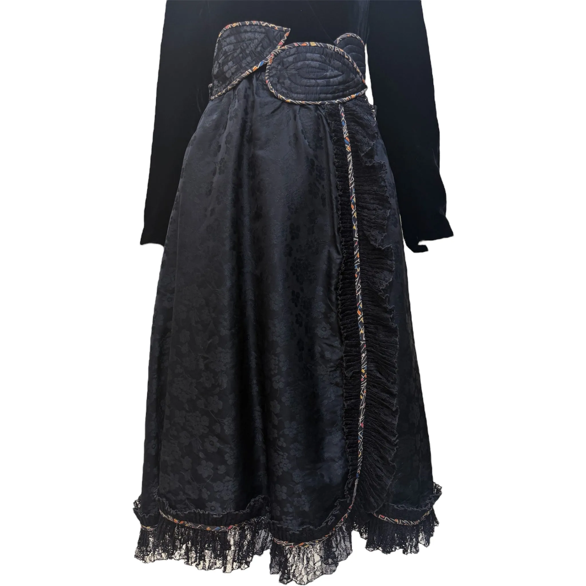 Koos 1980's Black Velvet & Quilted Taffeta Wrap Dress