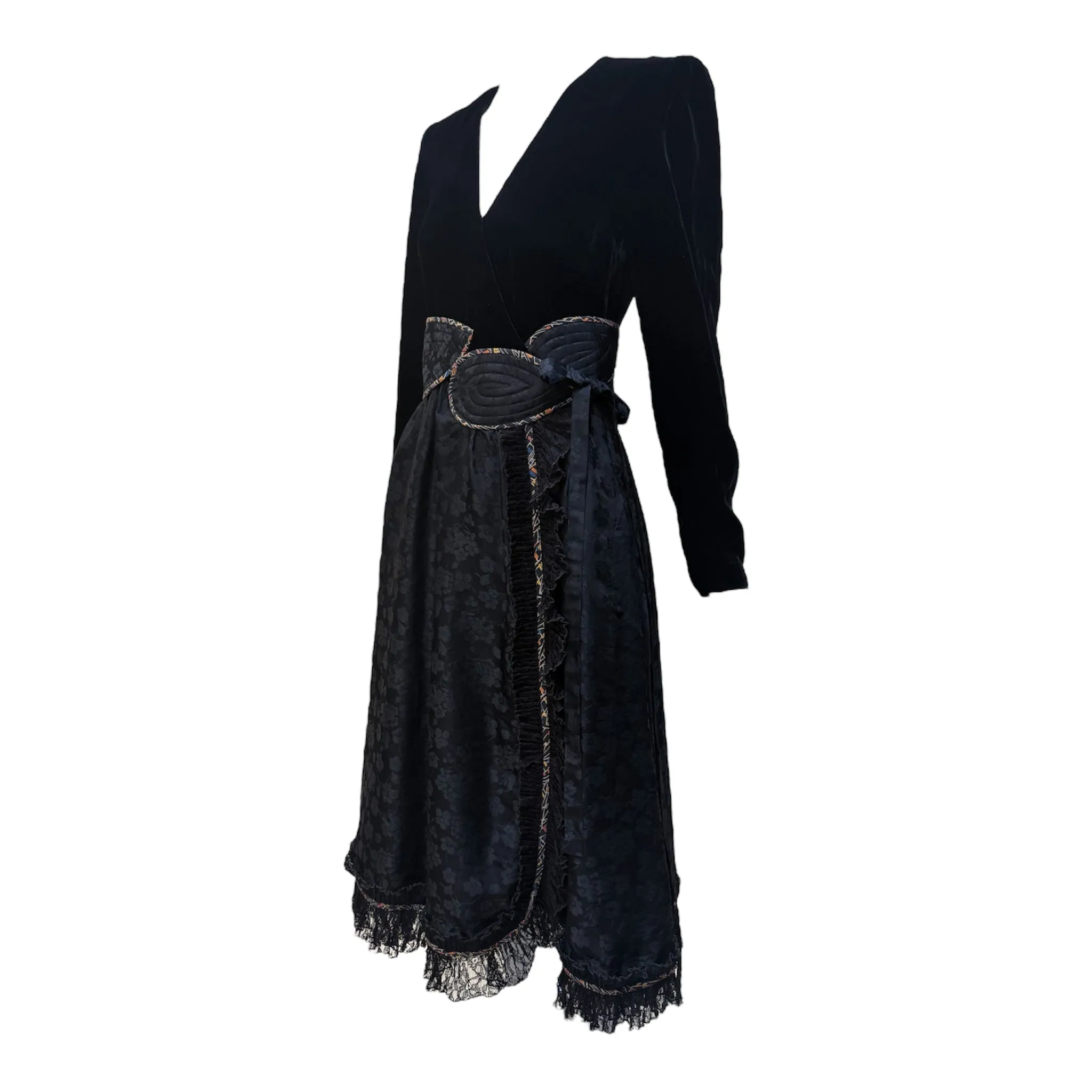 Koos 1980's Black Velvet & Quilted Taffeta Wrap Dress