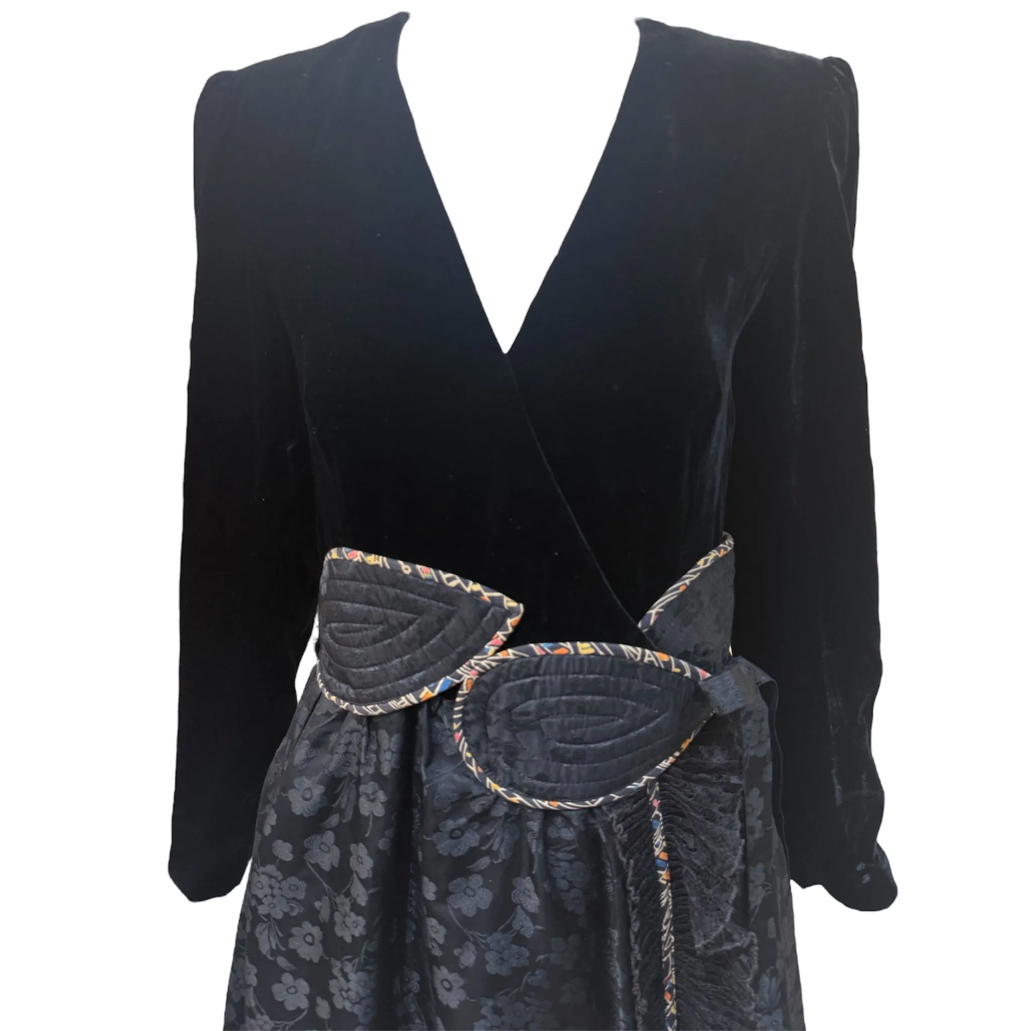 Koos 1980's Black Velvet & Quilted Taffeta Wrap Dress
