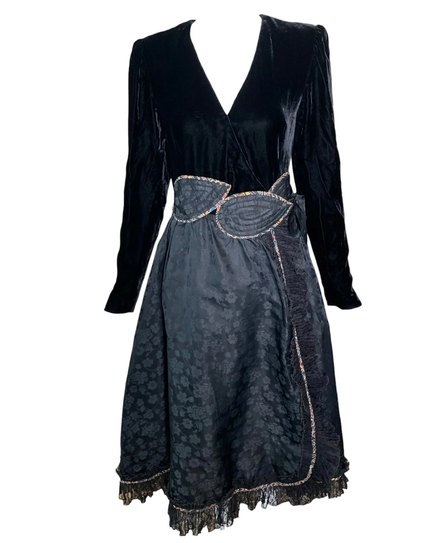Koos 1980's Black Velvet & Quilted Taffeta Wrap Dress