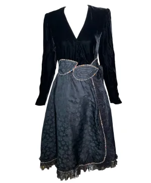 Koos 1980's Black Velvet & Quilted Taffeta Wrap Dress