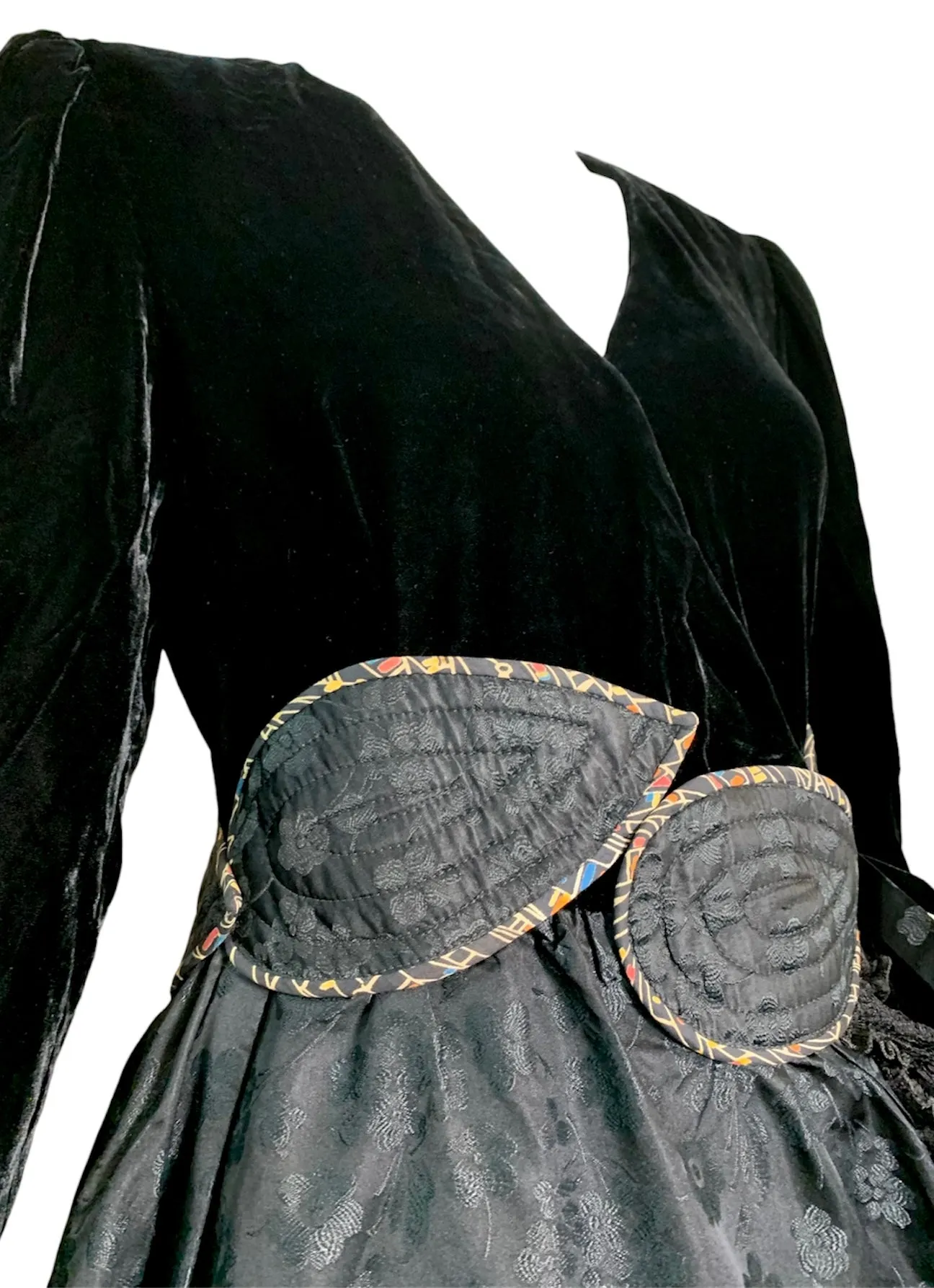 Koos 1980's Black Velvet & Quilted Taffeta Wrap Dress