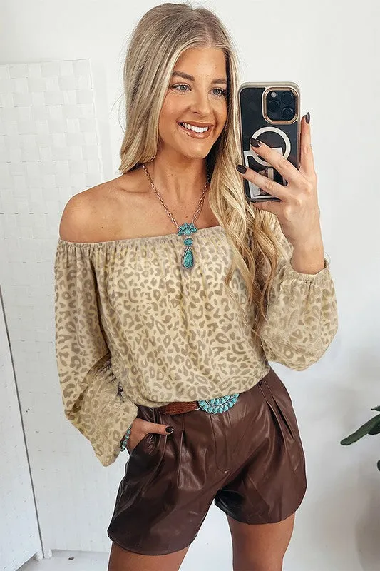 Leopard Velvet Off Shoulder Long Sleeve Blouse
