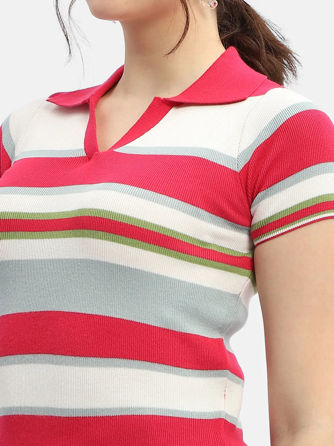 Madame Striped Hot Pink Polo Neck T-Shirt